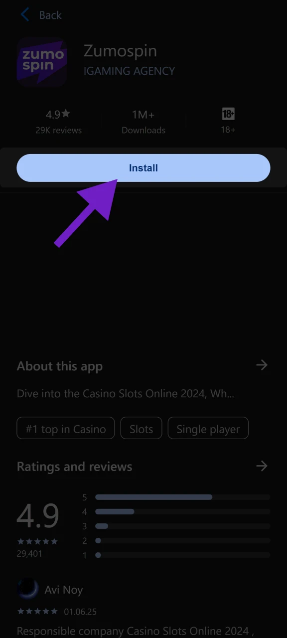 Klik op de Installeren knop om de Zumospin app aan je apparaat toe te voegen.