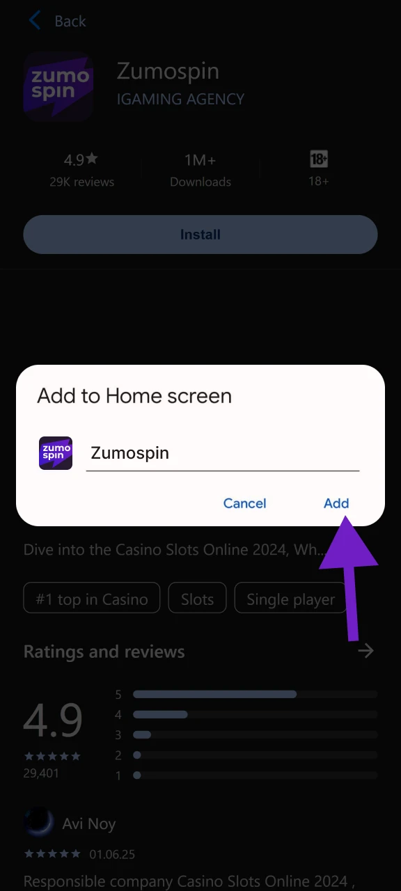 Klik op Toevoegen om de Zumospin app aan het Android toestel toe te voegen.