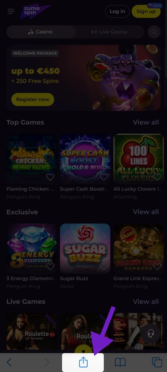 Klik op Delen om het menu te openen en de Zumospin app toe te voegen.