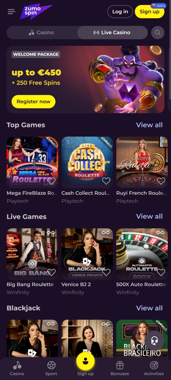 Speel live casinospellen op de Zumospin app.