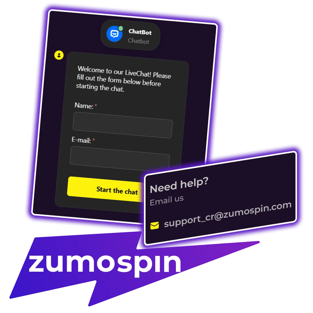 Gebruik de live chat of e-mail om contact op te nemen met de klantenservice van Zumospin.