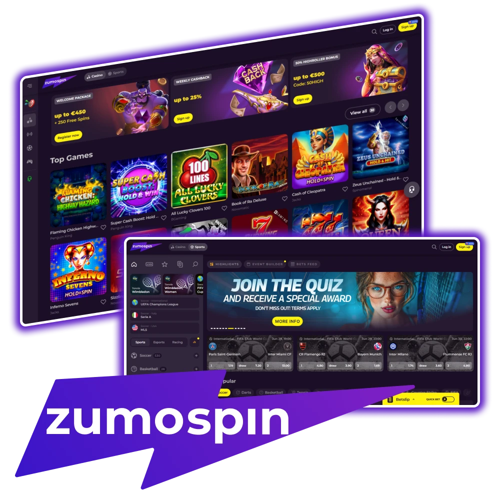 Speel games en weddenschappen op sport op het Zumospin platform.