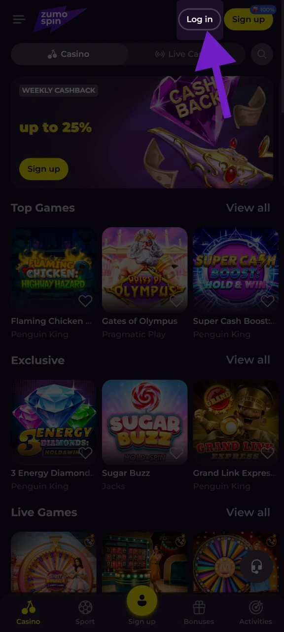 Open de inlog tab om in te loggen in je Zumospin account.